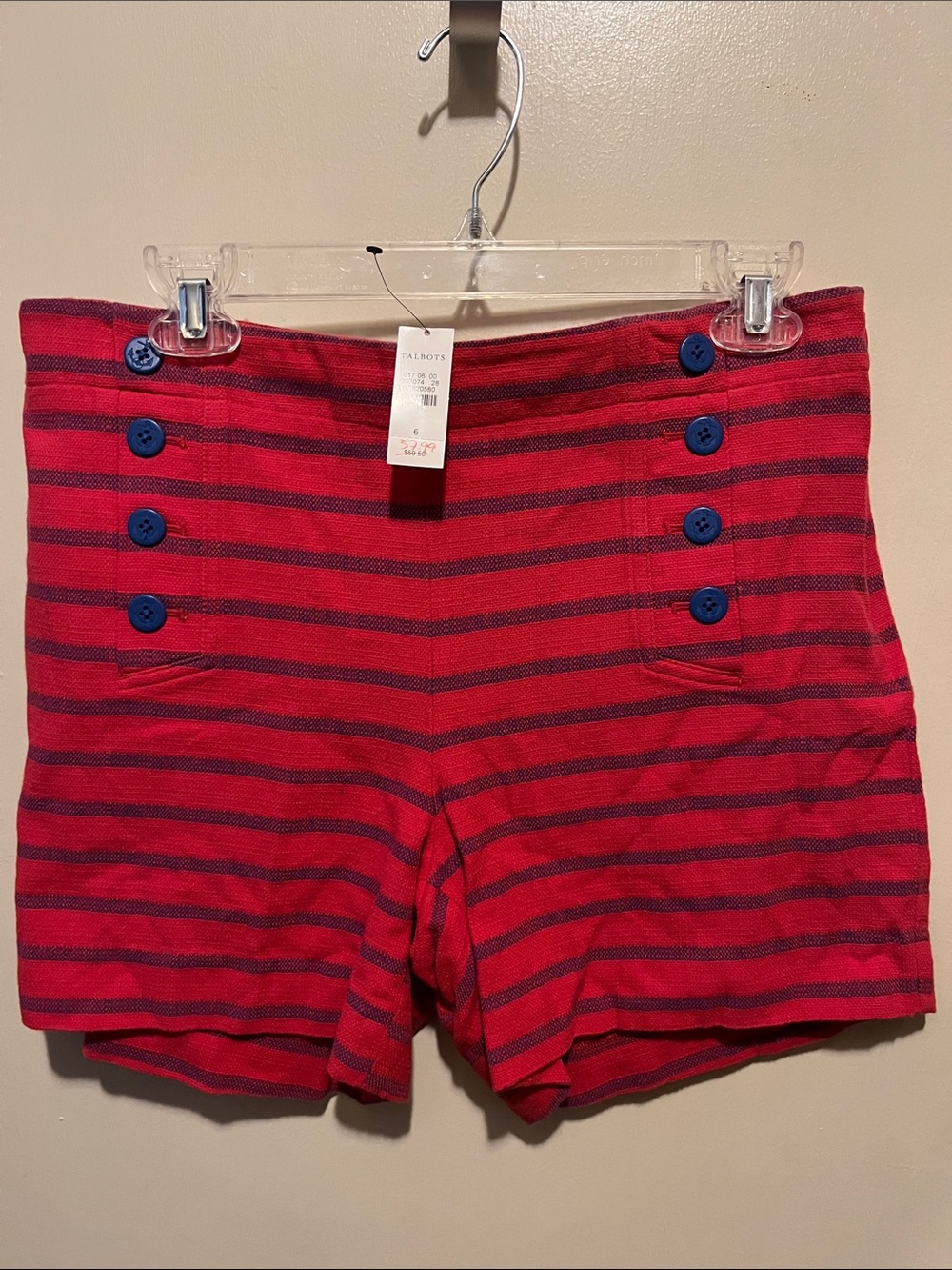 Talbots Red and Navy Striped High-Waist Button Shorts